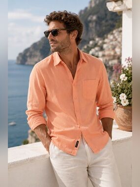 Provogue Men’s Peach Salmon Striped Button Down Shirt Medium Lightweight